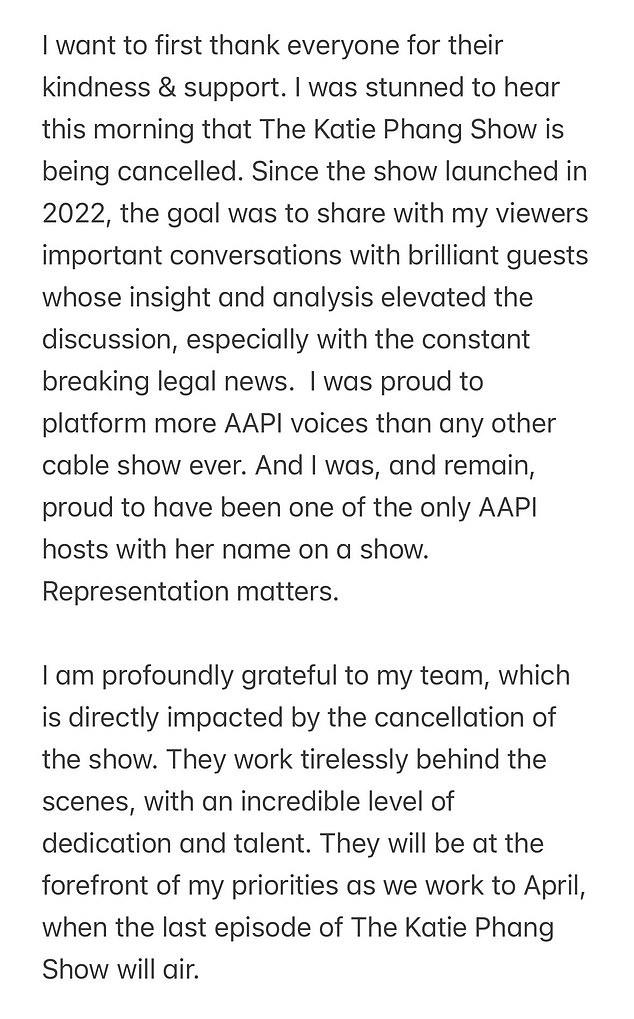 Stunned MSNBC host Katie Phang lashes out at new boss after being axed