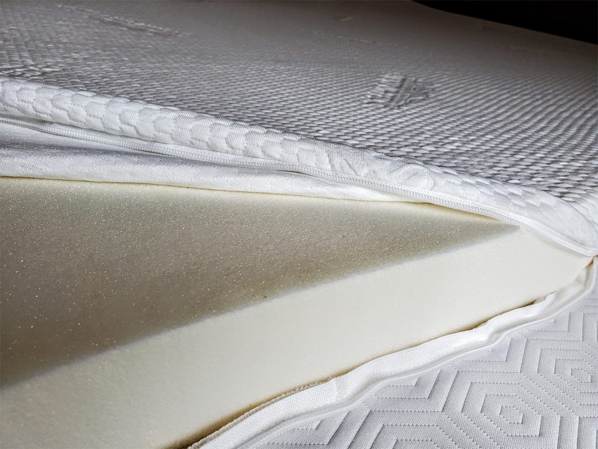 image of Tempur Pedic Topper Supreme, the best mattress topper for back pain in 2021, showing foam core with cover unzipped