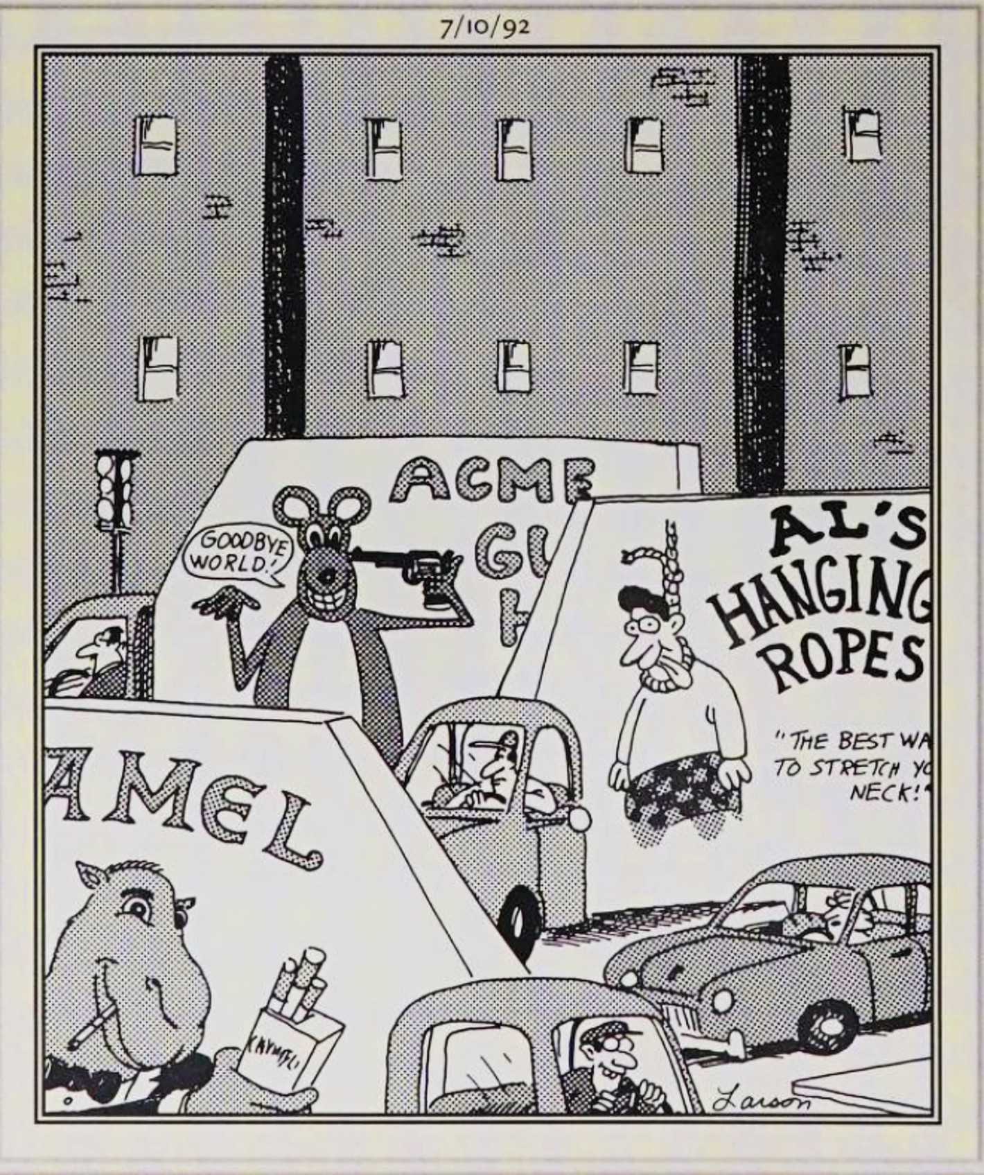 Far Side, July 10, 1992, vans for guns, 'hanging ropes' and Camel cigarettes