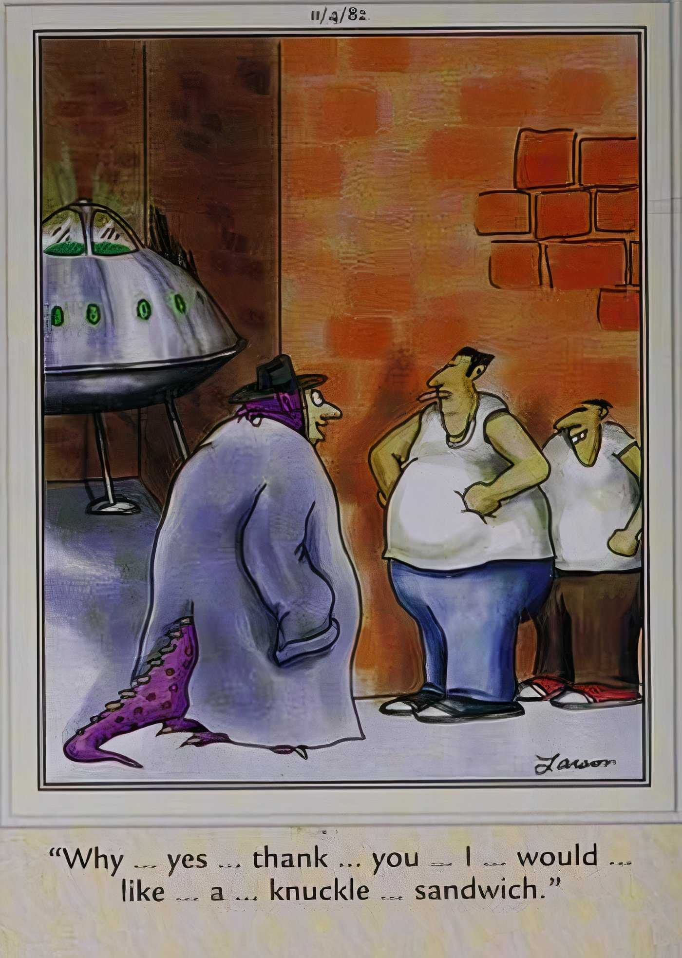 An alien about to get a 'knuckle sandwich' in a back alley in The Far Side.