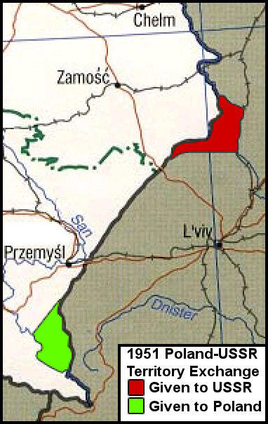 Tereny podlegające pod umowę o zamianie granic z 1951 r.: na czerwono dołączone do ZSRR, na zielono dołączone do Polski