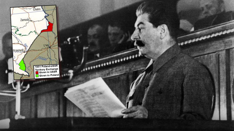 Mapa z nową granicą między Polską a ZSRR i Józef Stalin