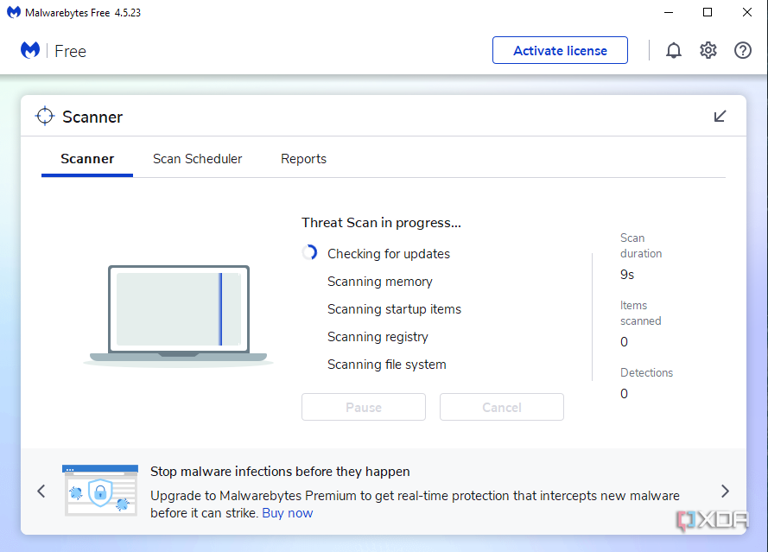 malewarebytes antivirus open and running a scan on pc