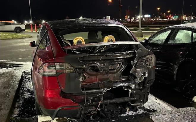 Damage at a Telsa dealership in Salem, Oregon.