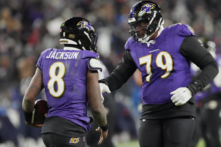 Baltimore Ravens' Lamar Jackson (8) and Ronnie Stanley (79). © Mitch Stringer-Imagn Images