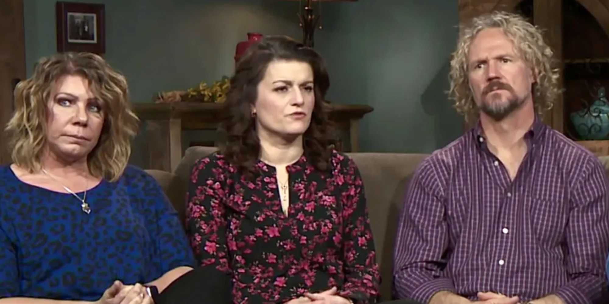 Sister Wives Robyn, Kody and Meri on a couch during an interview