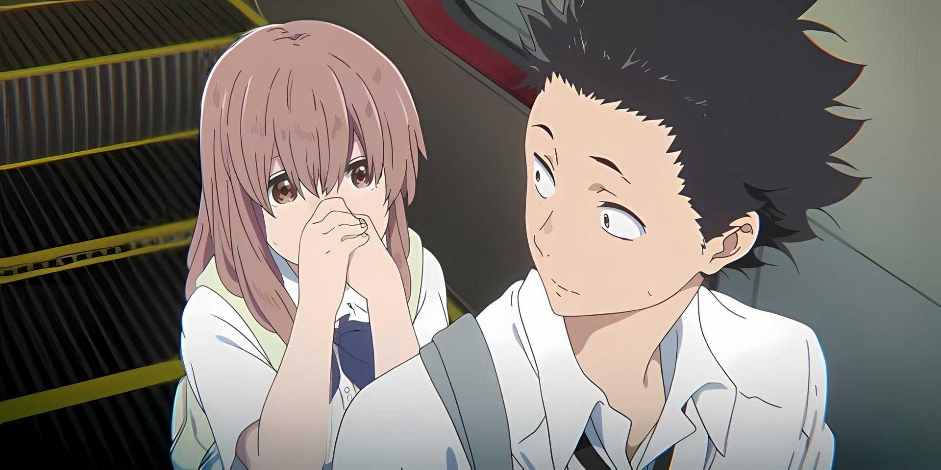 Shoko bumps into Shoya at the bottom of an escalator in A Silent Voice