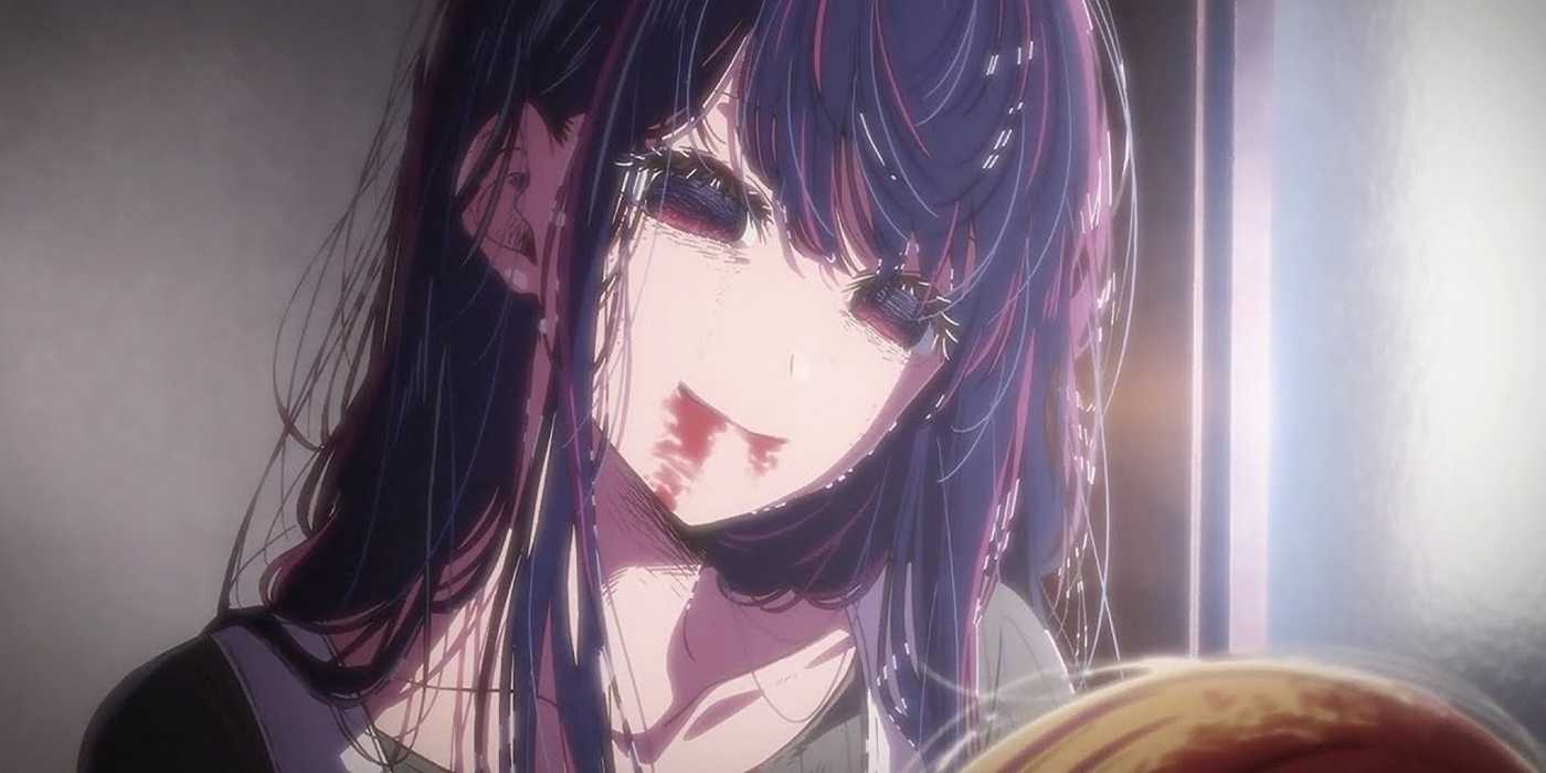 Ai Hoshino smiles as she dies, blood on her chin.