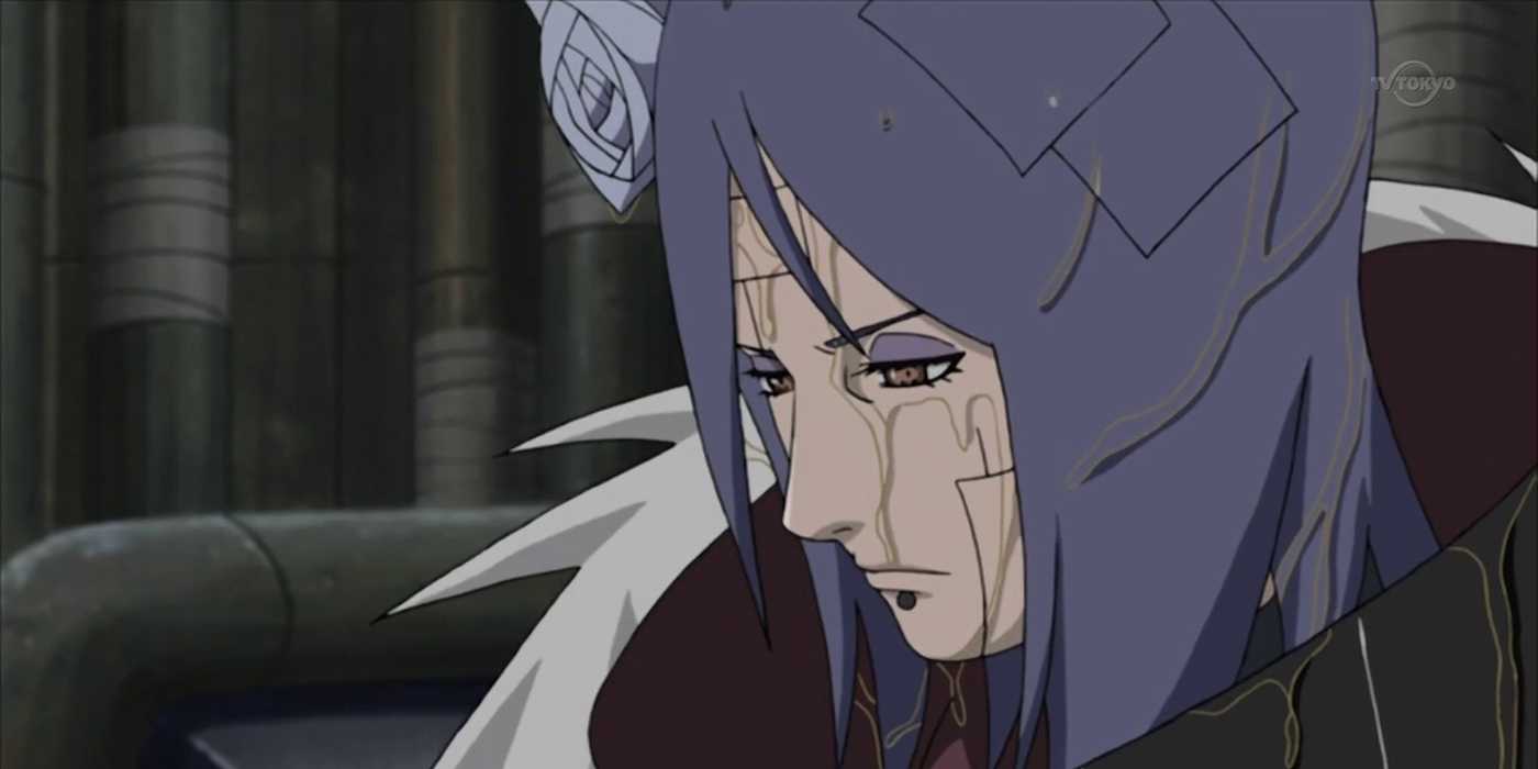 Konan is looking down in with a sad expression in Naruto: Shippuden.