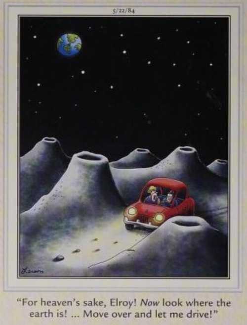 A couple drive on the moon.