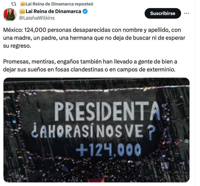 <strong>Laisha</strong> <strong>Wilkins</strong> <strong>envía</strong> <strong>mensaje</strong> <strong>tras</strong> <strong>manifestación</strong> <strong>pacífica</strong> por Teuchitlán. Foto: Captura de pantalla