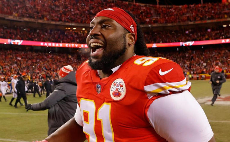 Derrick Nnadi #91 of the Kansas City Chiefs celebrates after defeating the Cincinnati Bengals 23-20 in the AFC Championship Game at GEHA Field at Arrowhead Stadium on January 29, 2023 in Kansas City, Missouri.