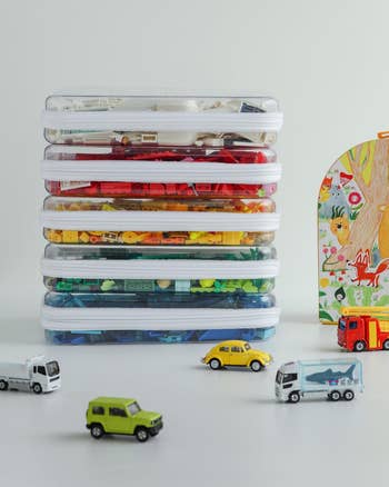 Transparent storage bags filled with colorful toy bricks