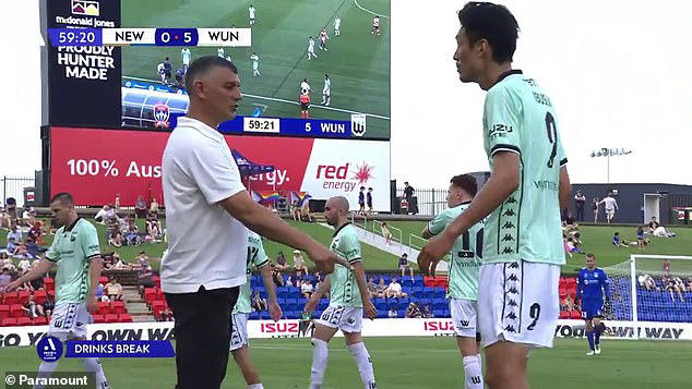 Pictured: Coach John Aloisi tells Japanese star Hiroshi Ibusuki he has his shorts on back to front during Western United's big win over Newcastle FC last weekend