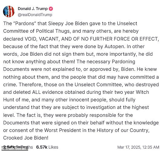 Trump 'voids' Biden's pardons after claiming ex-president used autopen