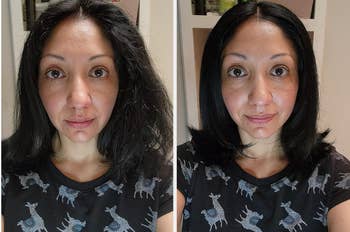 Side-by-side comparison of a woman before and after a haircut, showcasing a change from long hair to a shorter, styled bob
