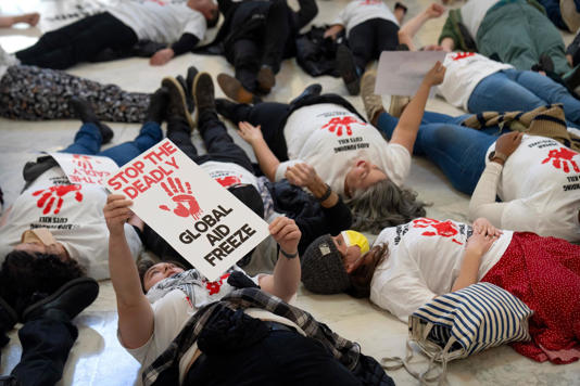 A protest against cuts to American foreign aid spending, including USAid and the Pepfar programme to combat HIV/Aids, on Capitol Hill in February. Photograph: Mark Schiefelbein/AP