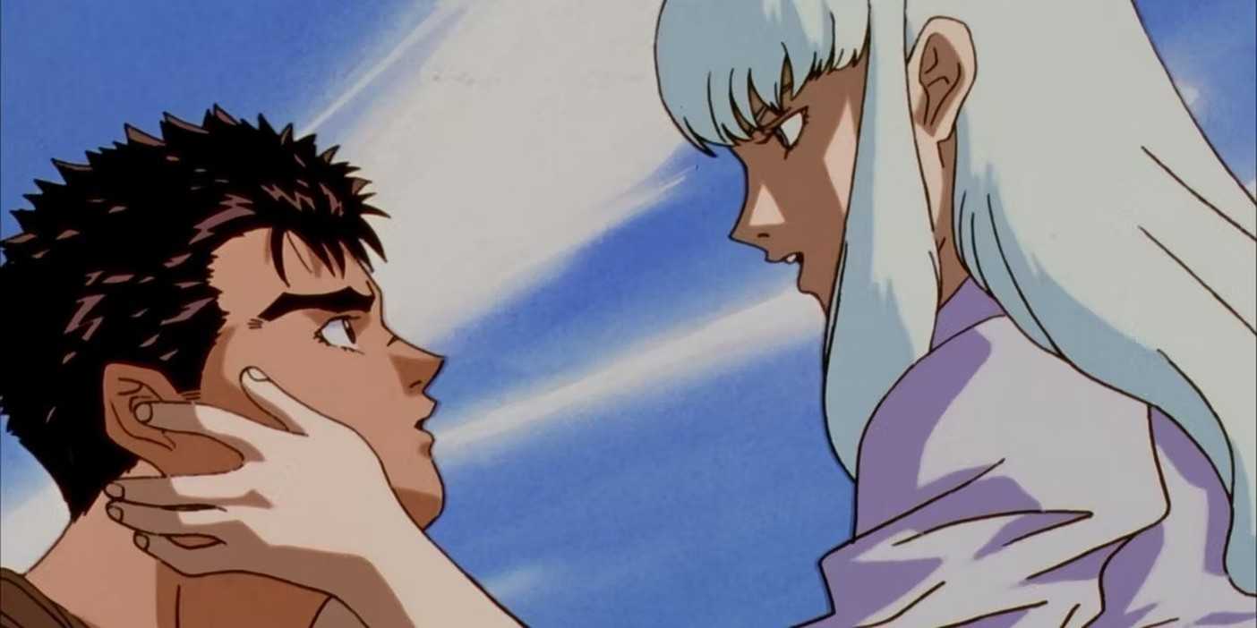Griffith tenderly holds Guts face while talking in Berserk.