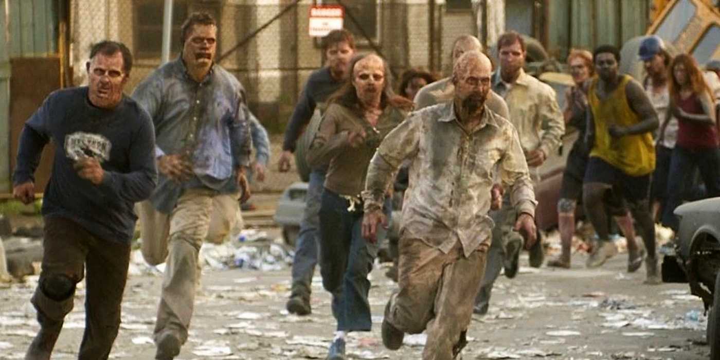 Zombies running through the desolate streets of Milwaukee in Dawn of the Dead (2004).