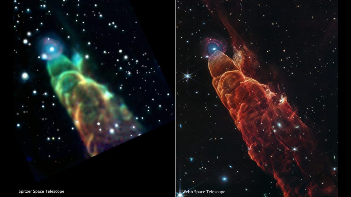 This side-by-side comparison shows a Spitzer Space Telescope image of HH 49/50 (left) versus a Webb image of the same object (right) using the NIRCam (Near-infrared Camera) instrument and MIRI (Mid-infrared Instrument). The Webb image shows intricate details of the heated gas and dust as the protostellar jet slams into the material. Webb also resolves the “fuzzy” object located at the tip of the outflow into a distant spiral galaxy. Image: NASA, ESA, CSA, STScI, NASA-JPL, SSC