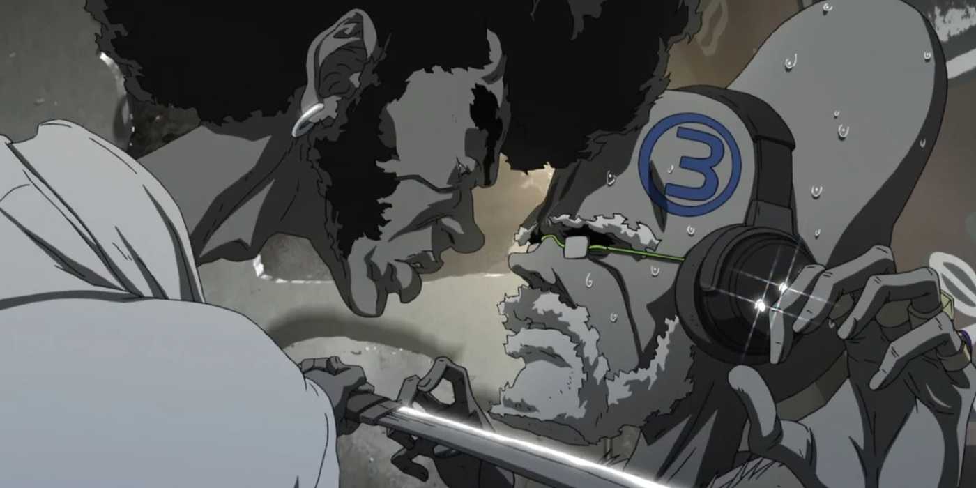 Afro rams his sword into Brother 3's neck in Afro Samurai Resurrection