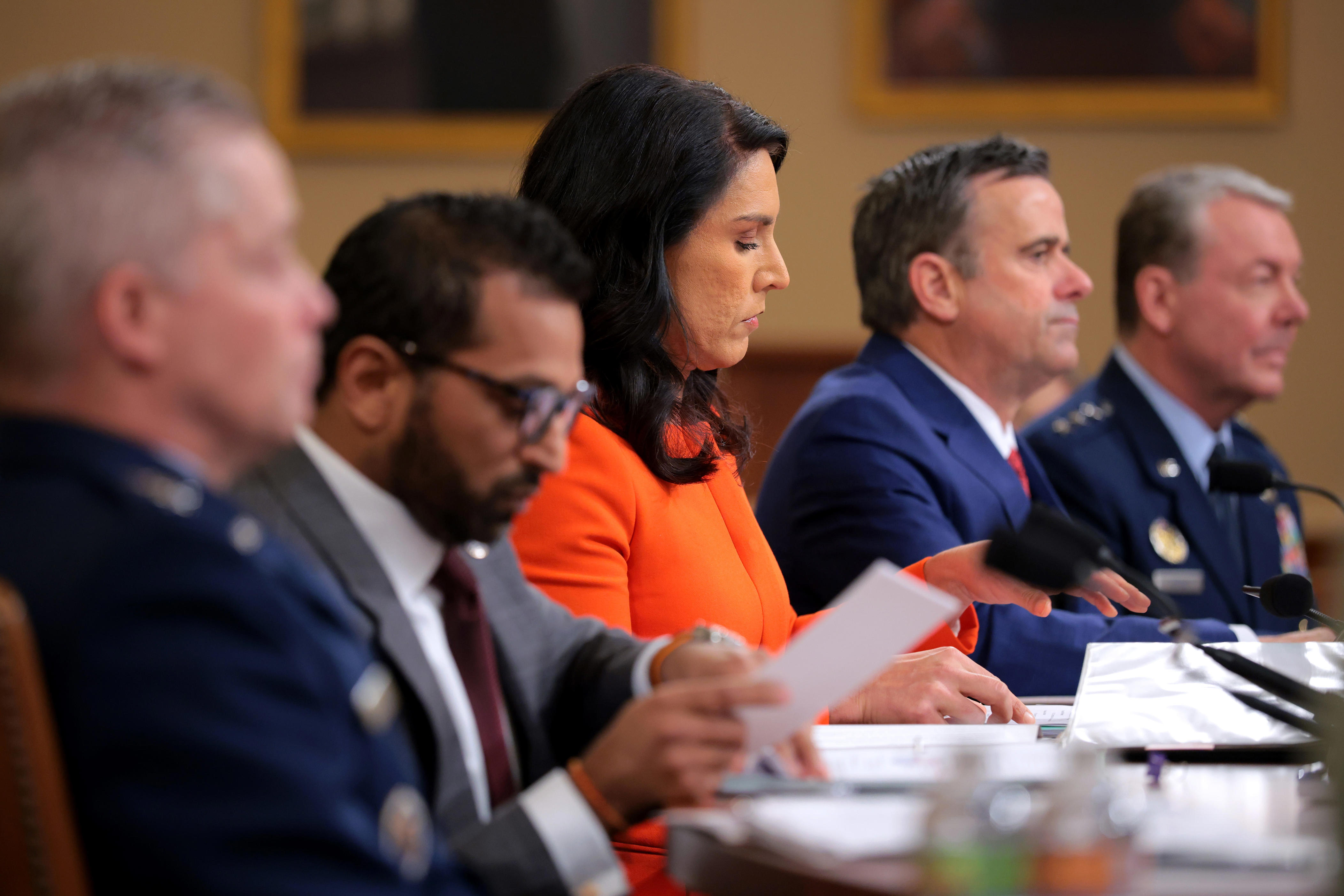 (L-R) National Security Agency Director General Timothy Haugh, Federal Bureau of Investigation Director Kash Patel, Director of National Intelligence Tulsi Gabbard, Central Intelligence Agency Director John Ratcliffe and Defense Intelligence Agency Director Jeffrey Kruse prepare to testify during an annual worldwide threats assessment hearing at the Longworth House Office Building on March 26, 2025 in Washington, DC. The hearing held by the House Permanent Select Committee on Intelligence addressed top aides inadvertently including Jeffrey Goldberg, the editor-in-chief for The Atlantic magazine, on a high level Trump administration Signal group chat discussing plans to bomb Houthi targets in Yemen.