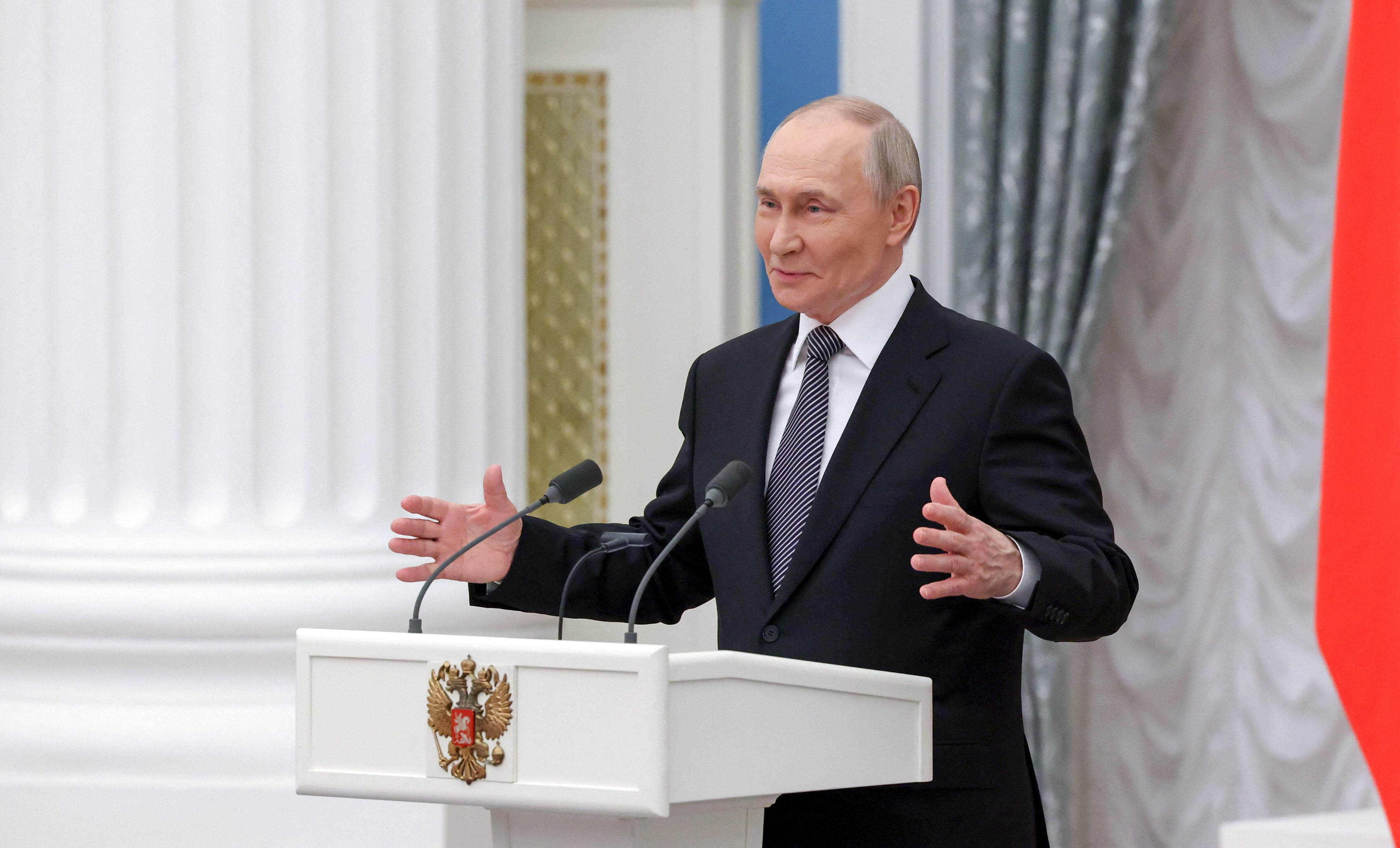 Russian President Vladimir Putin attends a ceremony to award winners for their works in the fields of culture, literature and the arts intended for children and youngsters, in Moscow, Russia, March 25, 2025. Sputnik/Vyacheslav Prokofyev/Pool via REUTERS ATTENTION EDITORS - THIS IMAGE WAS PROVIDED BY A THIRD PARTY.