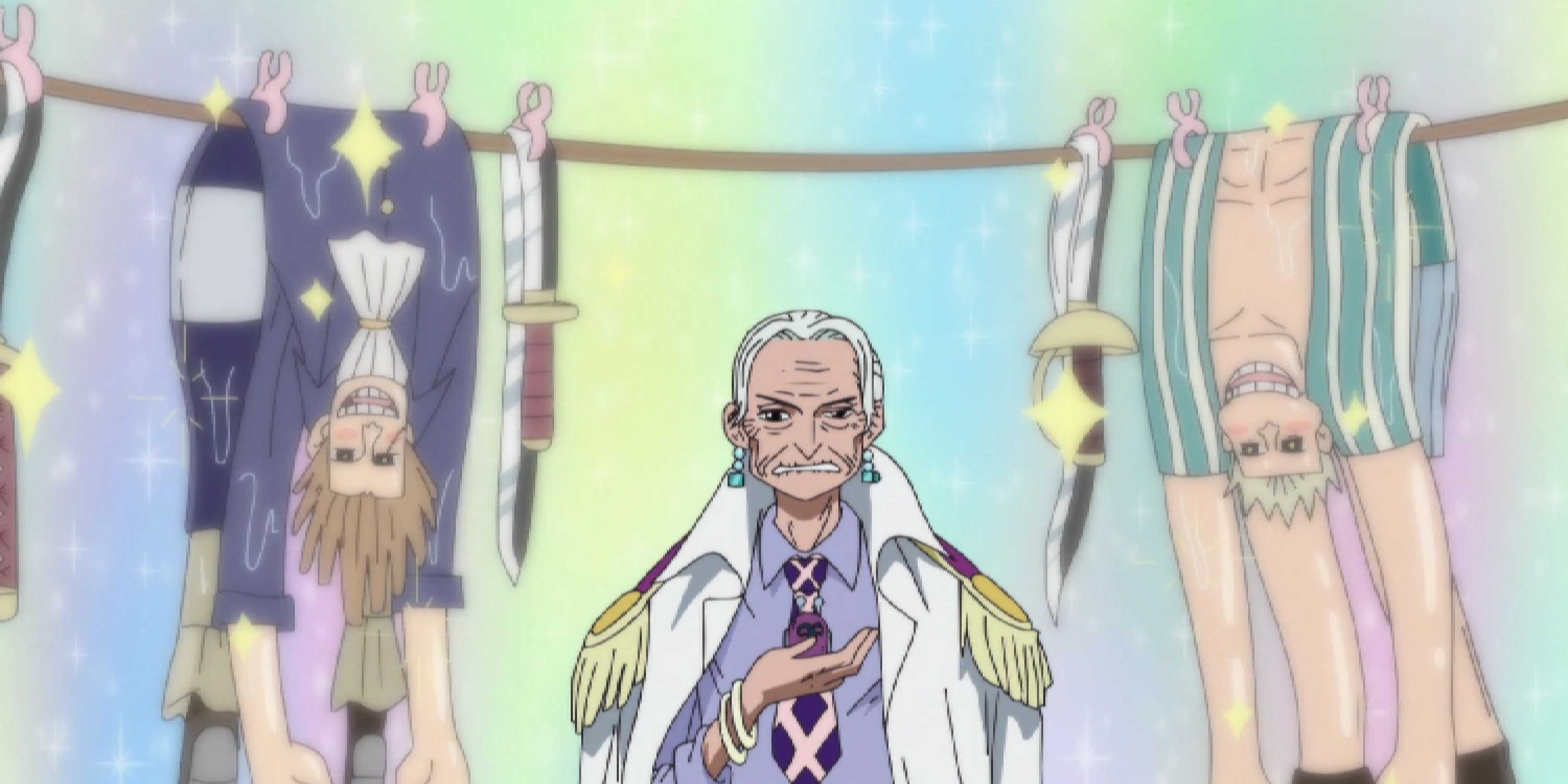 Vice Admiral Tsuru uses her Wash Wash powers in One Piece