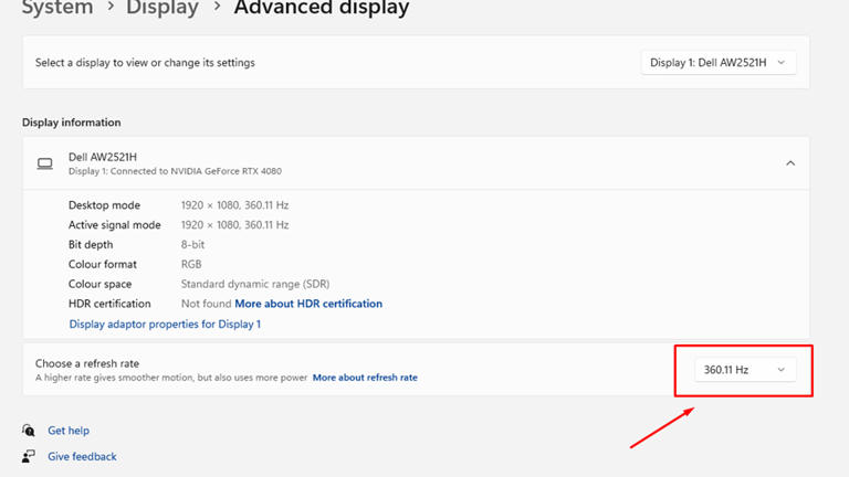 Screenshot of Windows 11's Advanced display options