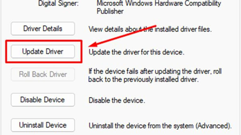 Screenshot of the device manager highlighting the Update Driver button