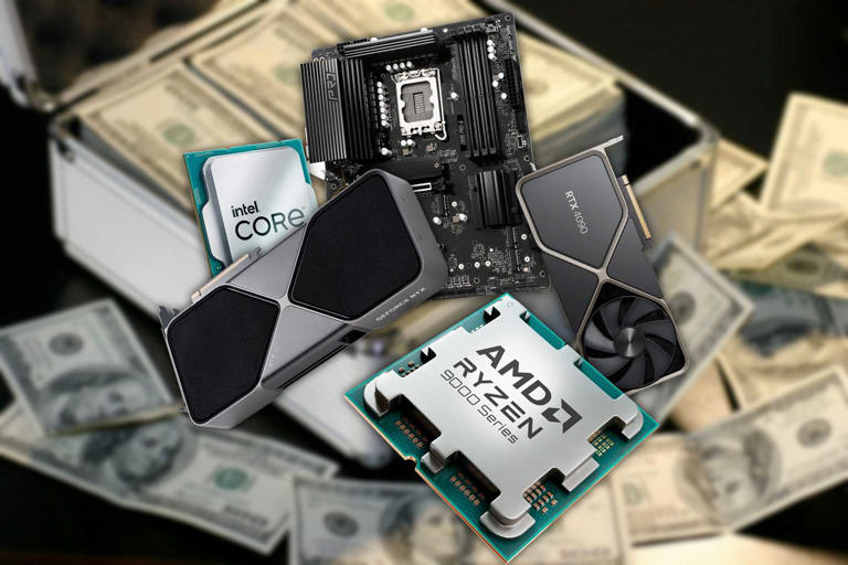 Motherboard, RTX 5090 and 4090, Intel Core and AMD Ryzen CPUs on top of a stock photo of a case of money