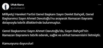 Bahçeli'den, Davutoğlu'na bayram telefonu