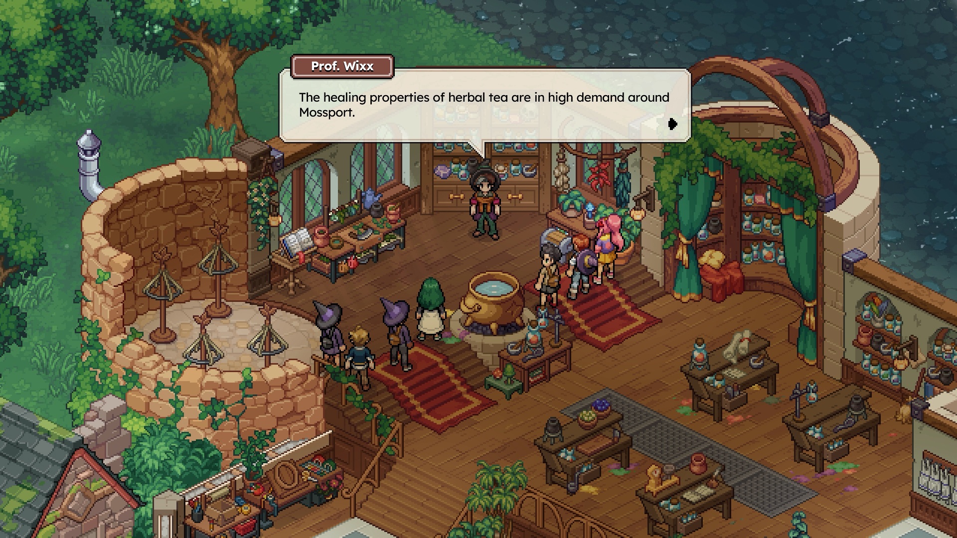 Witchbrook screenshot of students gathering near a cauldron as the teacher talks about a potion