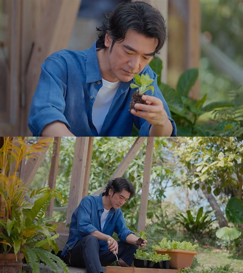 金城武中國無印良品花絮影片釋出，實拍畫面赫見白髮皺紋。（組合圖／翻攝自微博）