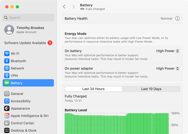 Choosing "High Power" in macOS Battery settings.