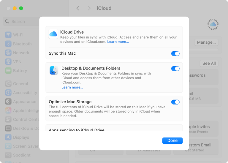iCloud Drive settings in macOS 15.