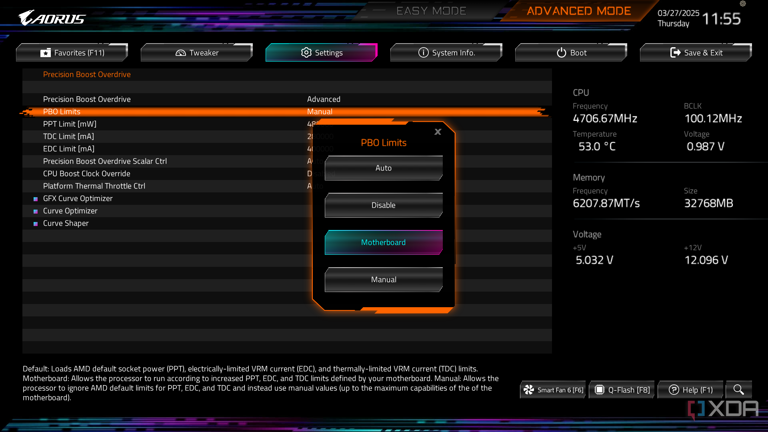 PBO power limit settings in BIOS. 