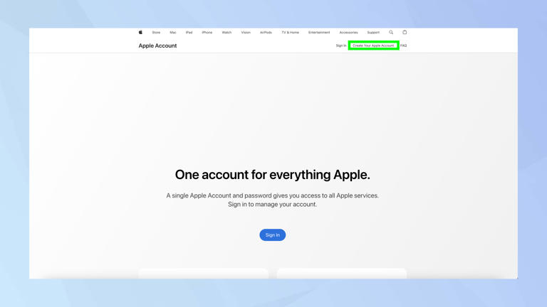 How to create an Apple ID on browser - create your Apple Account highlighted 