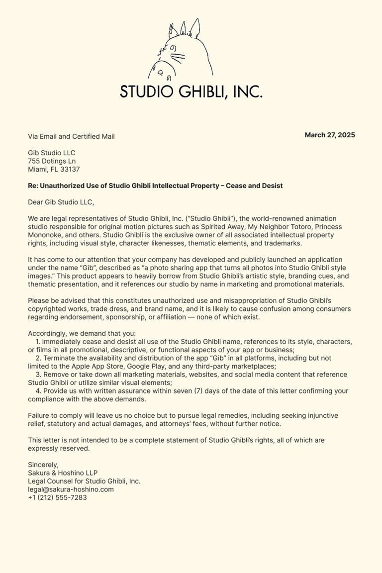ChatGPT生成「吉卜力風格圖」掀熱潮網傳侵權警告信！吉卜力回應了