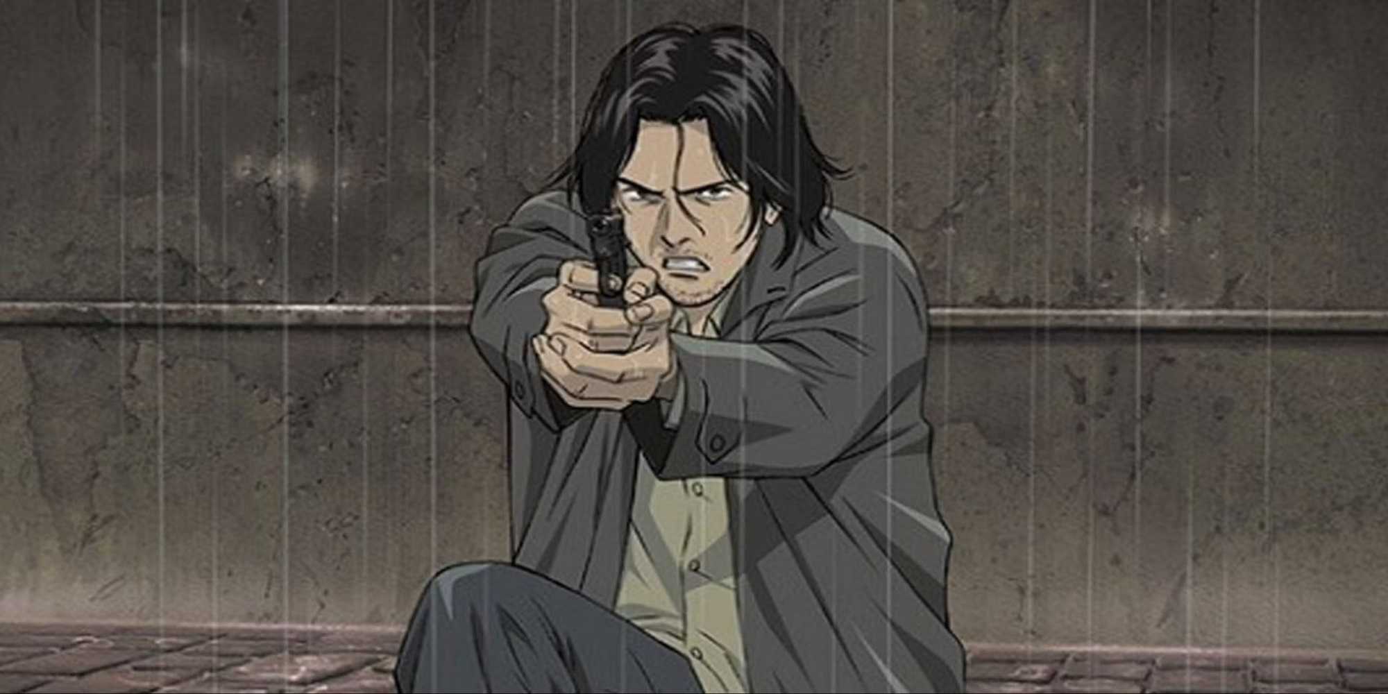 Kenzou Tenma on one knee and aiming a gun in Monster.