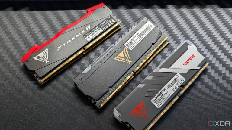 patriot ddr4 and ddr5 memory modules on a desk