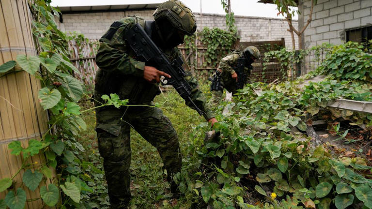 Soldiers search for members of drug gangs, hidden weapons or drugs during a government operation to return homes, allegedly stolen by drug gangs, to their rightful owners, in Duran, Ecuador July 19, 2024. REUTERS/Santiago Arcos - Santiago Arcos/Reuters