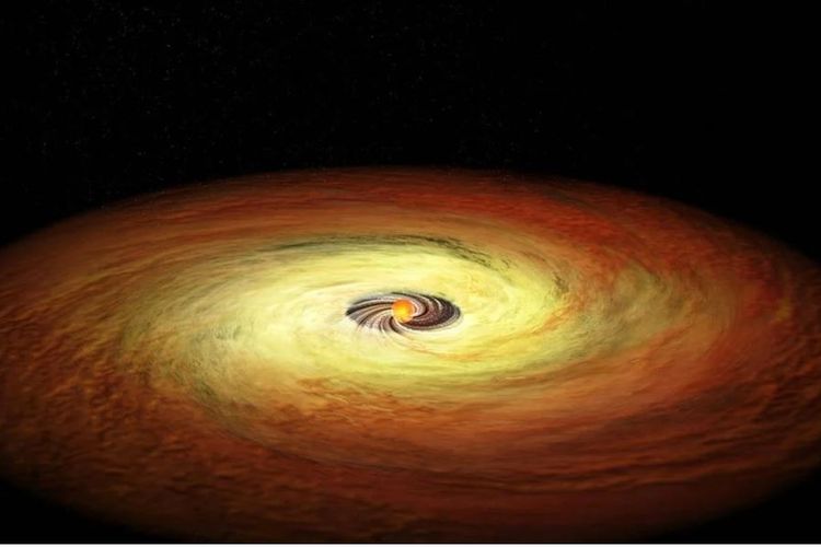 Ilustrasi ini menunjukkan bintang bermassa rendah yang dikelilingi oleh cakram gas dan debu pembentuk planet. Proses pembentukan planet akan menyebabkan munculnya celah, yang tidak ditunjukkan dalam ilustrasi ini. Aliran di dekat pusat menunjukkan bagaimana materi dari cakram masih jatuh ke bintang.