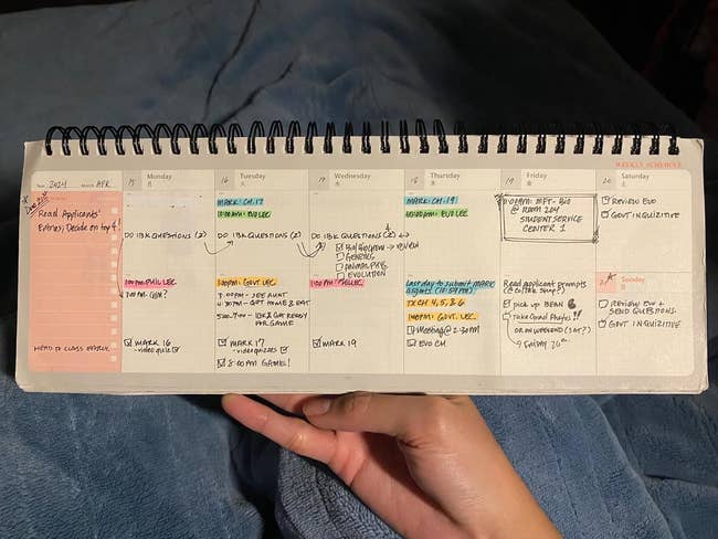 A handwritten weekly planner with various notes, appointments, and reminders for tasks such as GED quizzes, grocery shopping, and kids' activities