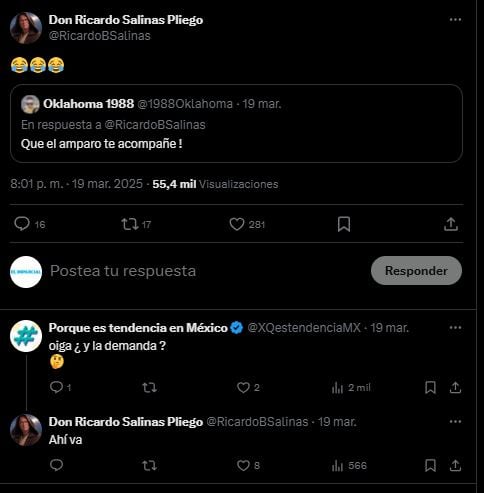 Ricardo Salinas Pliego rió luego de que al tocar el tema de su demanda en la SCJN, una usuario de X le contestara "que el amparo te acompañe".