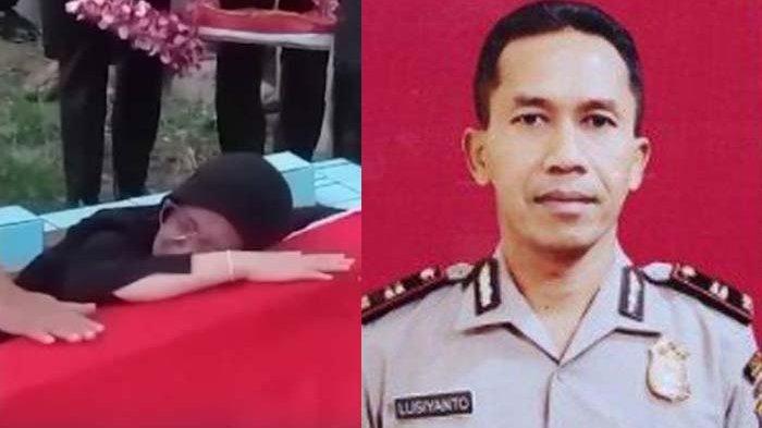 PELUK PETI AYAH: Putri Kapolsek Negara Batin, Iptu Lusiyanto yang tewas ditembak Kopral TNI nangis peluk peti sang ayah, Selasa (18/3/2025). (Tribun Lampung)
