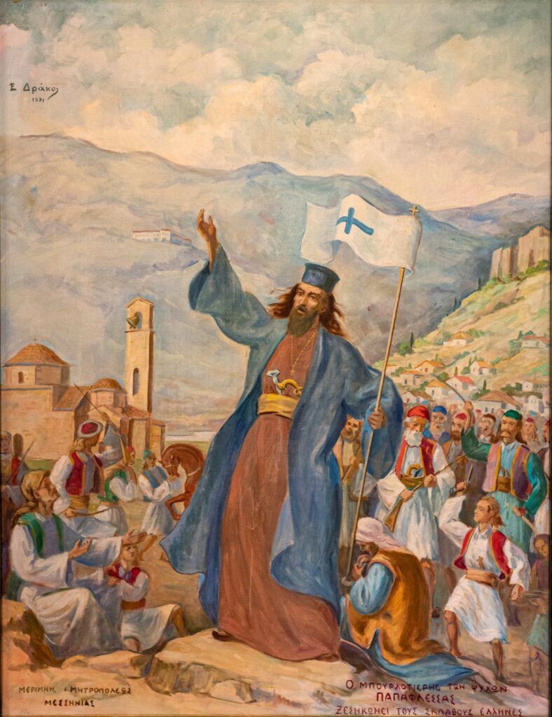 «Ο μπουρλοτιέρης των ψυχών Παπαφλέσσας ξεσηκώνει τους σκλάβους Έλληνες» Πίνακας του Βαγγέλη Δράκου, 1971.