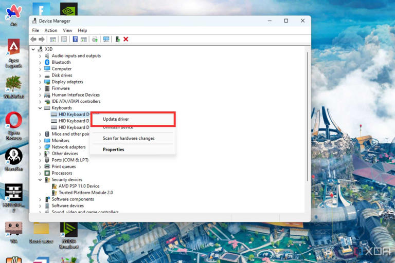 A screenshot showing the update driver option in Windows device manager.