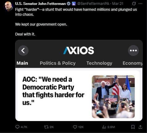 Pennsylvania Sen. Fetterman Fires Back At AOC Over Shutdown Criticism