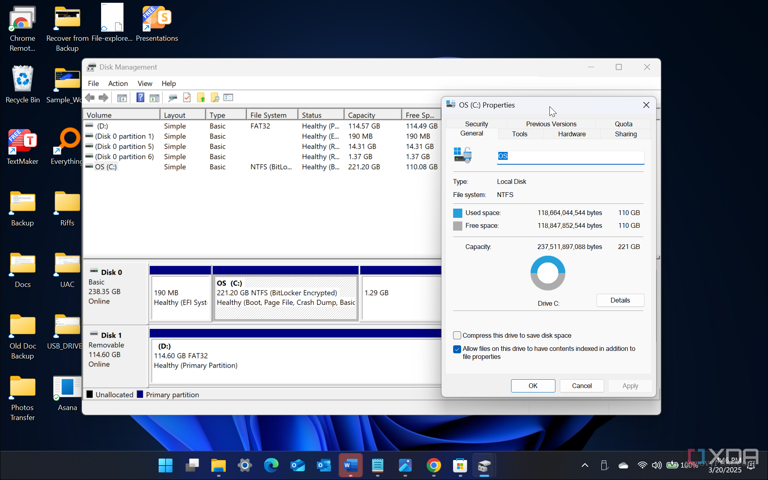 Screenshot shows Disk Management app on windows 11 to manage partitions